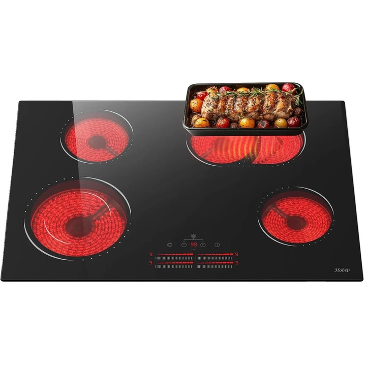 Plita electrica incorporata, 4 zone de gatit, control tactil, neagra, 80x45-55cm