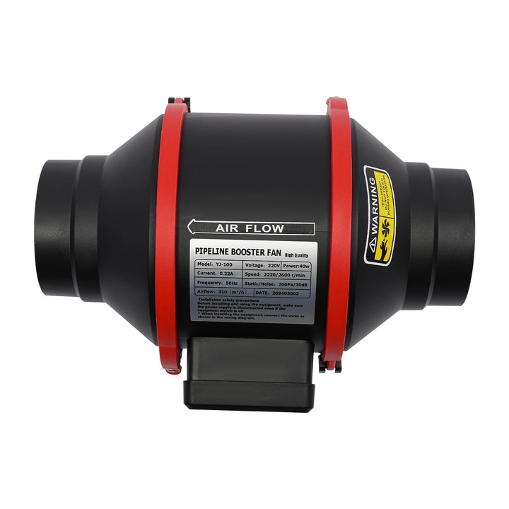 Ventilator de canal, Ventilator de tub 100 mm, Debit 310 m³/h, 40 W, Presiune statica 200 Pa, 2 viteze 2220/2600 rpm, stecher UE 220–240 V, Negru