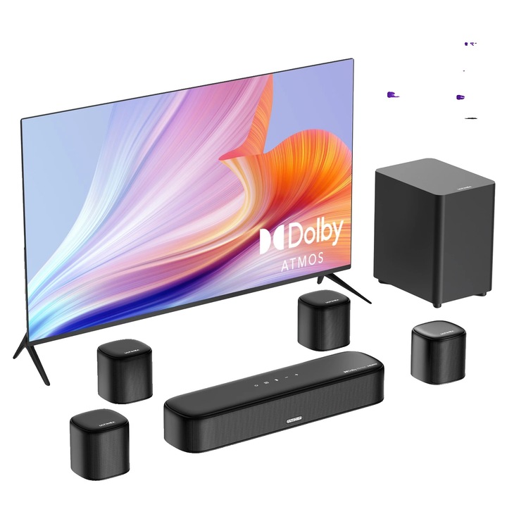 Soundbar Aura A60, 4 difuzoare surround, suport Dolby Atmos, dimensiuni standard