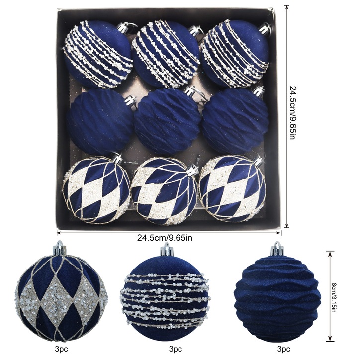 Globuri de Craciun, 8 cm, set 9 bucati, pom-poms pufoase, albastru