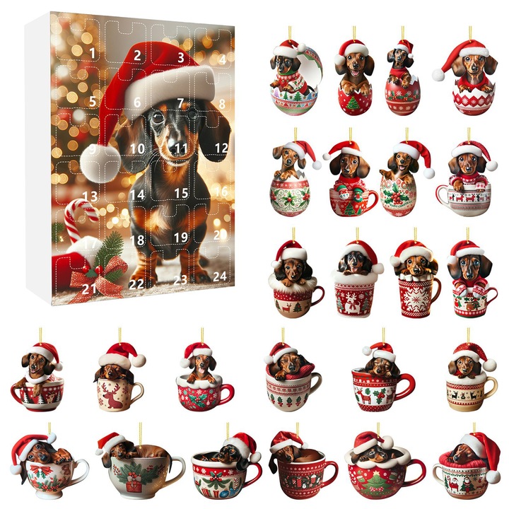 Calendar Advent Craciun cu caini Dachshund, 24 ornamente acrilice 2D, set decorativ