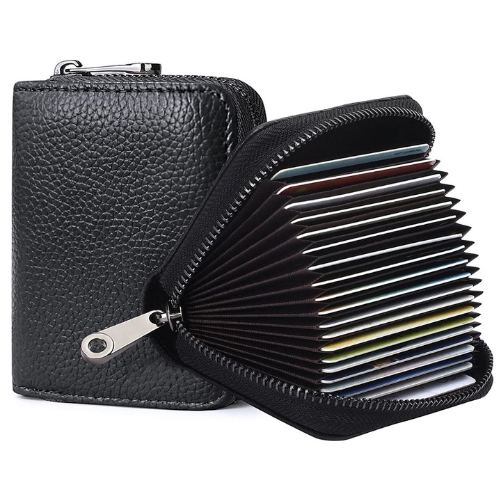 Portofel piele naturala BOMSTOM, 20 sloturi, protectie RFID, negru, 11x8.5x2.5cm