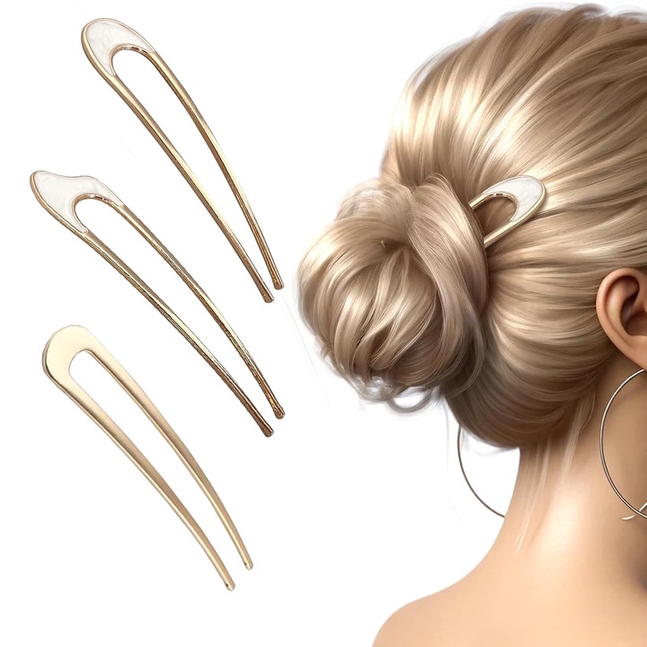 3 db U alakú hajcsat készlet, vintage fém, arany és fehér, női kiegészítők