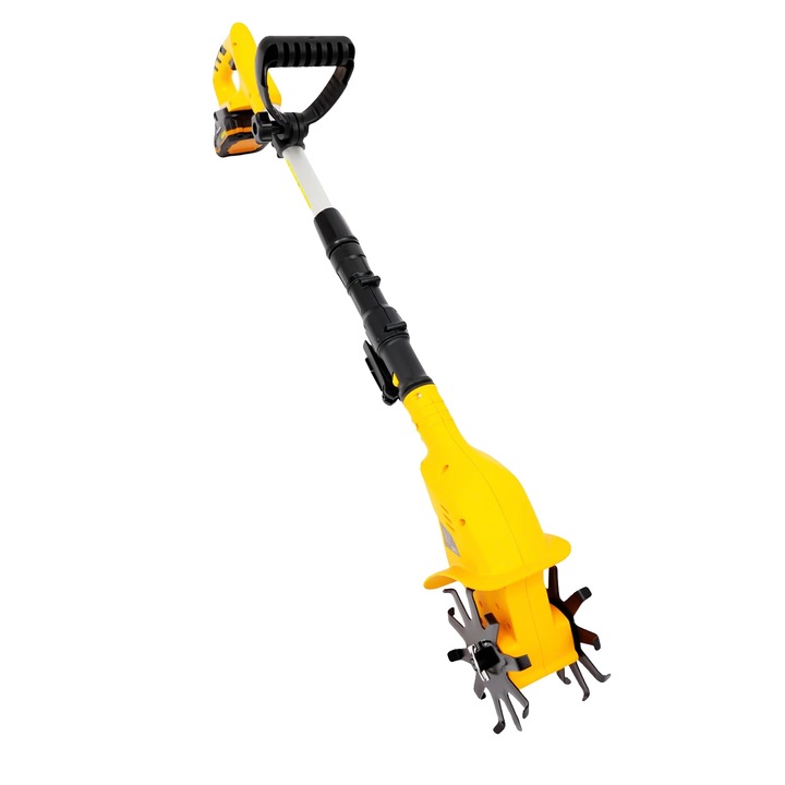 Cultivator de gradina, design portabil, alimentat cu baterie, galben, 15cm diametru lama, 97-117cm lungime ajustabila