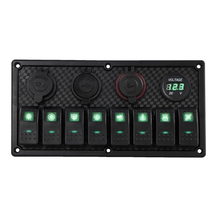 Panou comutator cu 8 switch-uri, incarcare dual USB, verde, 23.5x12x9cm