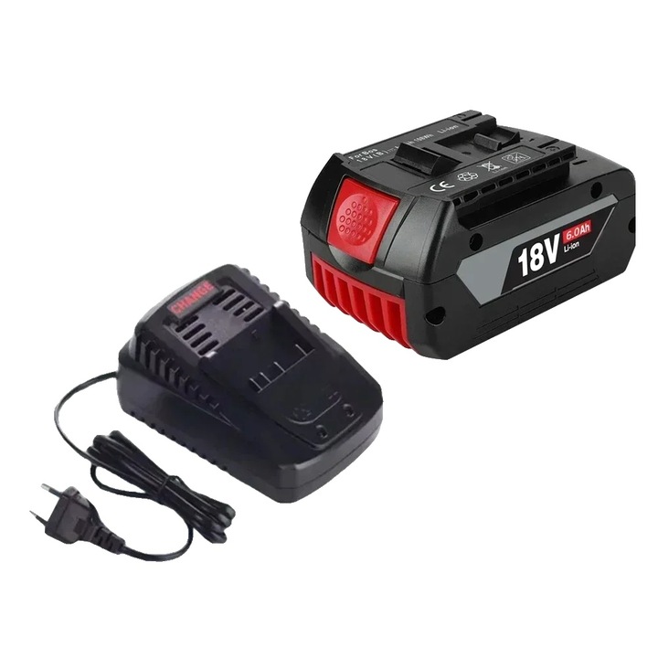 Set acumulator Li-Ion 18V 6000mAh (6.0Ah) 8785371389399, cu incarcator, compatibil cu multiple modele, negru/rosu