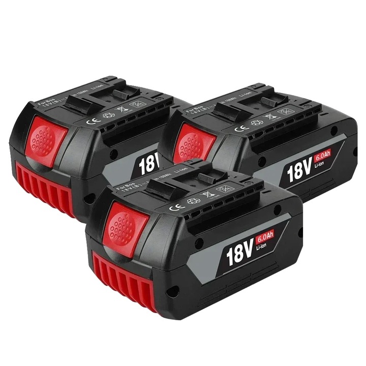 Set 3 acumulatori 18V Li-ion 6.0Ah (6000mAh), compatibili cu scule 18V, negru/rosu, PN 8785371142147
