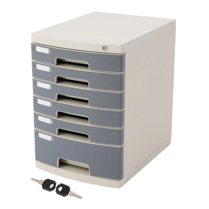 Organizator documente, 6 sertare, cu incuietoare, gri deschis, 39x29x43cm