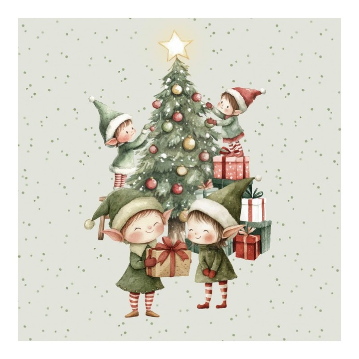 Material textil, Panou din tricot french terry 40x50 cm Elfi si un pom de Craciun, bumbac 95%, elastan 5%