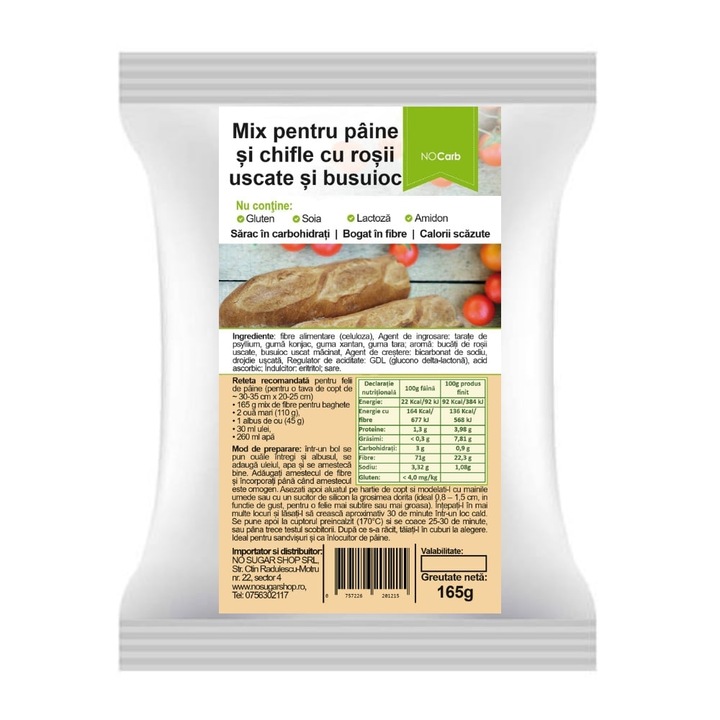 Mix pentru paine si chifle cu rosii uscate si busuioc (fara Carbohidrati, fara Gluten, Keto) 165g - NoCarb
