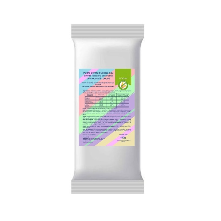 Pudra pentru budinca sau crema cu aroma de CIOCOLATA si COCOS (lowcarb, fara zahar, fara gluten, KETO) 100g - NoCarb
