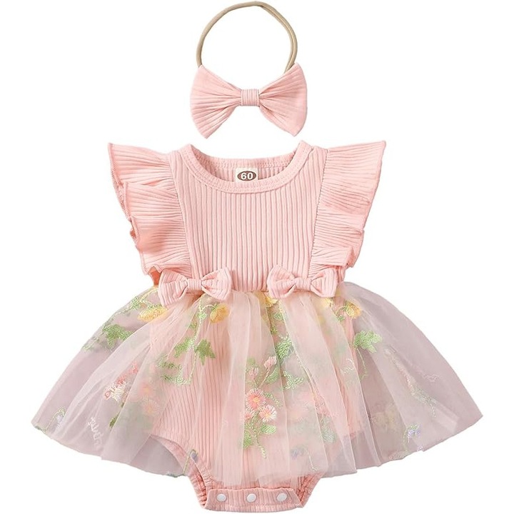 Rochita FYMNSI, stil printesa, cu broderie florala, roz, Roz