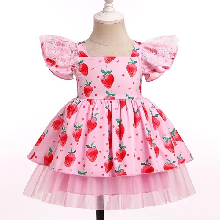 Rochita bebelusi fetite FYMNSI, 18-24 luni, model capsuni, fara maneci, culoare roz