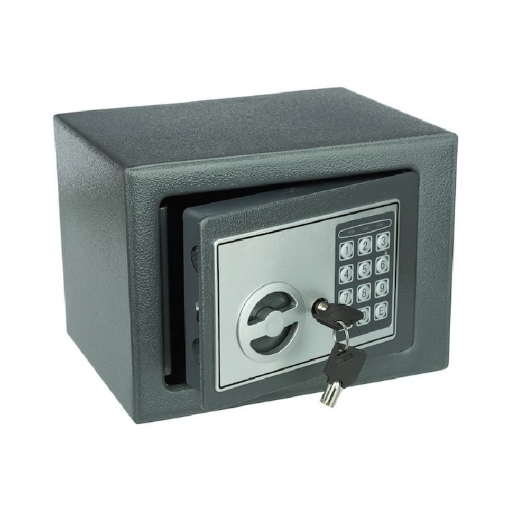 Seif metalic compact cu cifru electronic si cheie de siguranta SUPER TRENDS®, 230 x 170 x 170 mm, Gri Inchis