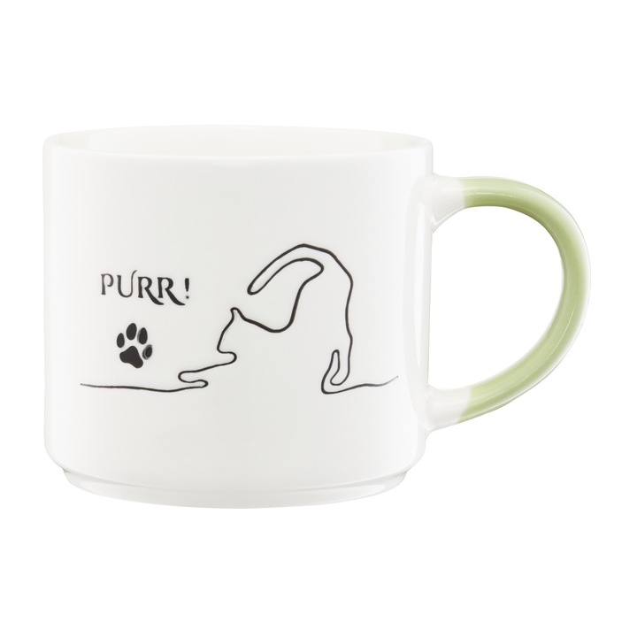 Cana mare portelan 510ml, model pisici, maner verde, AMBITION Mrau