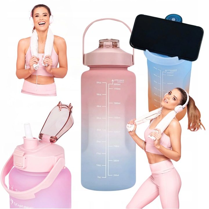 Sticla - Голяма бутилка за вода (приблизително 2 литра) с маркер за време и сламка, без BPA, ергономичен дизайн, издръжлива, многоцветна, за спорт и фитнес, LuckyLu®