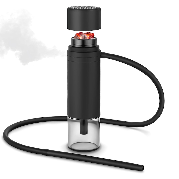 Set Narghilea Portabila Tip Cana Pentru Masina SUPER TRENDS®, Design Antialunecare cu Protectie Metalica, Materiale din Silicon si Acril, Furtun Si Cleste Carbuni Incluse, Neagra, 400 ml