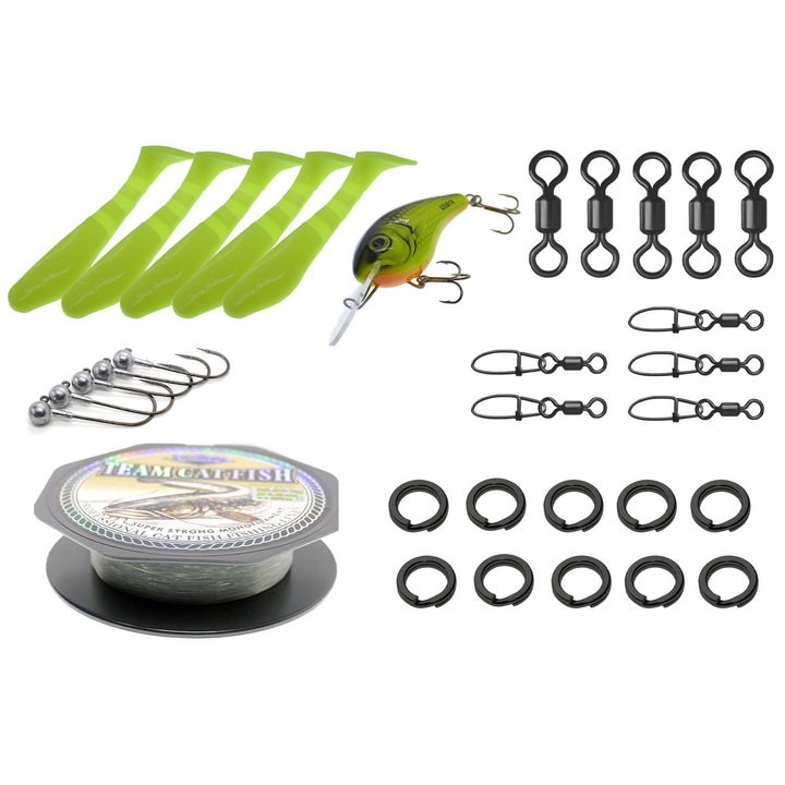 Set pentru pescuitul la Somn Mix2, din 28 de piese: 5 shaduri 11cm, 1 vobler DR 6cm/16gr, 5 jiguri 14/17gr, o rola fir monofilament 0.45-0.5mm, 250m, 10 inele despicate, 5 varteje, 5 agrafe cu vartej