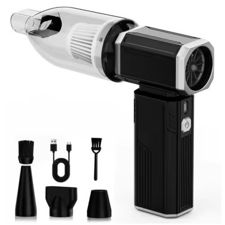 Turbo suflanta de aer reincarcabila 4 in 1, BoutiqueBox, Fara fir, Super Power, 130000 RPM, Motor fara perii, Ventilator cu jet Turbo reglabil, Mini-aspirator de masina, Negru