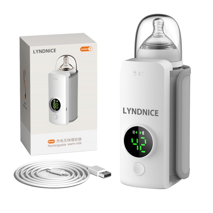 Нагревател за бутилки, LYNDNICE®, Преносим, Обновена версия, Контрол на температурата 6 нива, Равномерно нагряване, LCD дисплей, Батерия 6000mAh, 300ml, сиво бял