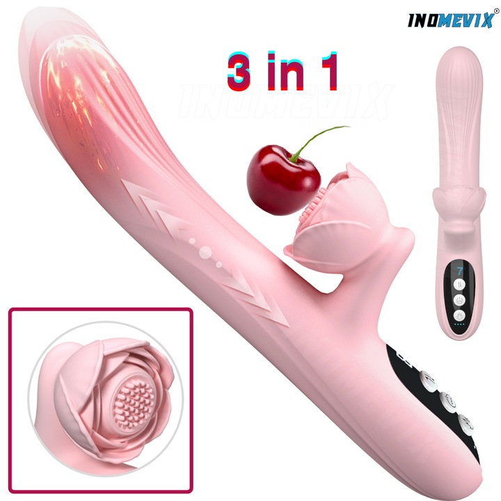 Vibrator pentru Femei, Vibrator cu Incalzire 42°C, 7 Moduri Vibratie si 7 Moduri Thrusting, Stimulare Dubla Punct G si Clitoris tip Trandafir, Silicon Premium, Reincarcabil USB, Impermeabil, Discret
