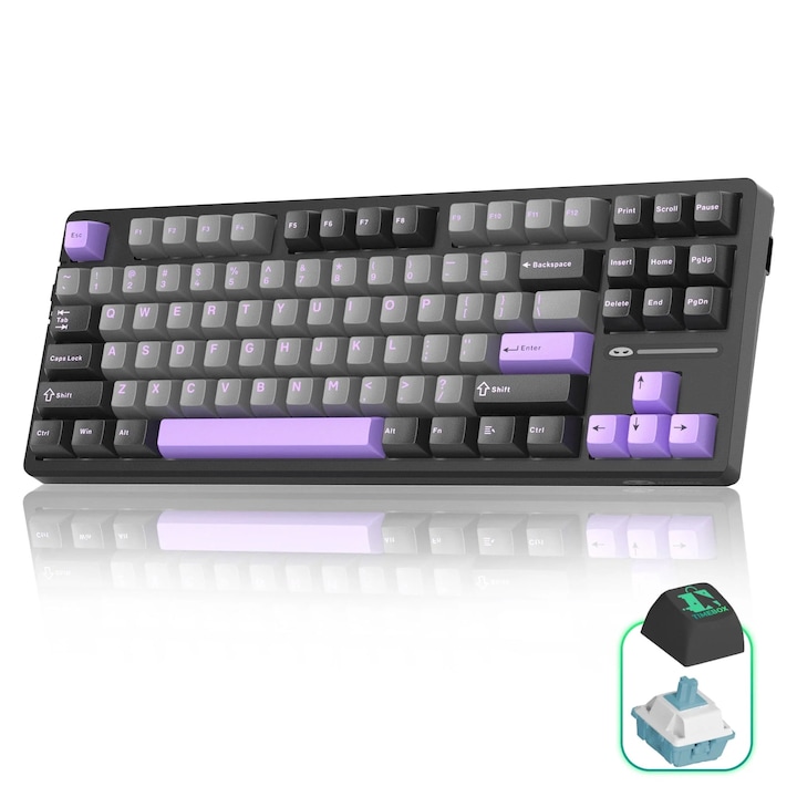 Tastatura Mecanica Gaming Timebox, Wireless, Silentioasa, Layout 80%, Lumini RGB, 87 taste PBT, 2,4G, cablu Type-C, Bluetooth, Structura Gasket, Blue Whale Switch, Portabila, Hot-Swappable Compatibila Windows, Mac, Mov
