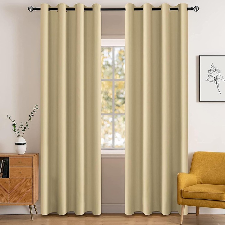 Set 2 Draperii Opace cu Inele din Otel Inoxidabil – Izolare Termica si Fonica, Protectie UV si Decor Elegant pentru Dormitor sau Living, 117 x 137 cm, Bej Inchis