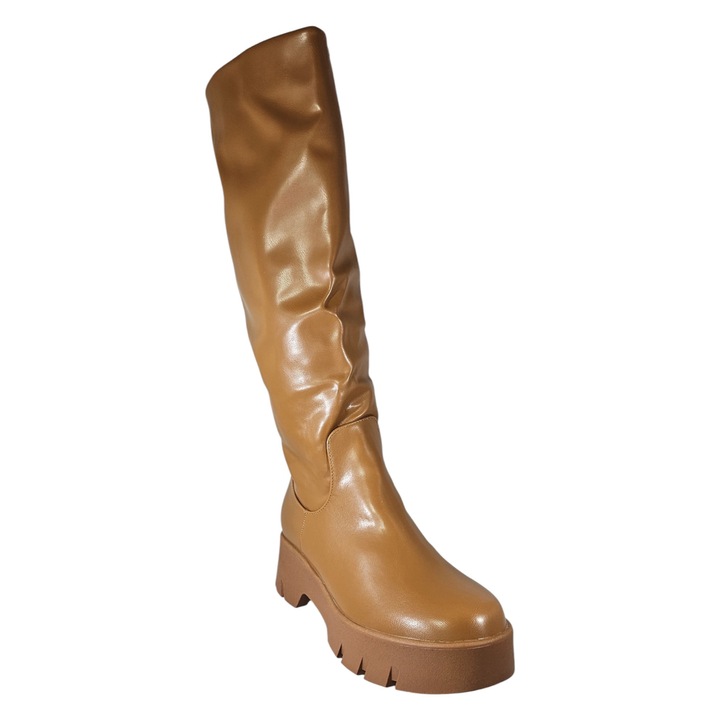 Cizme Dama EGO Manchester Maro Deschis, Piele Ecologica Moale, Talpa Chunky, Toc 6 cm, Marimea 40 EU