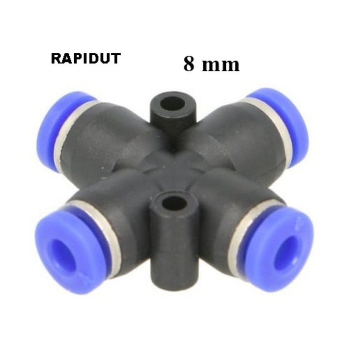 Cuplaj/conector rapid pneumatic, RAPIDUT, Mufa rapida cruce 8 mm, Plastic, Negru/Albastru