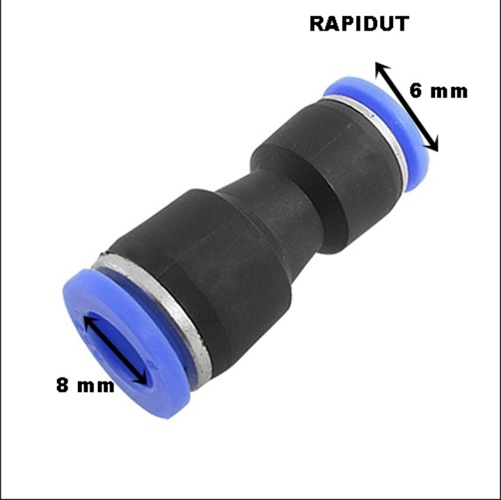 Pneumatikus gyorscsatlakozó/csatlakozó, RAPIDUT, Egyenes gyorscsatlakozó 8-6 mm, Műanyag, Fekete/Kék