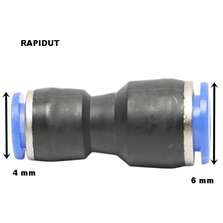 Pneumatikus gyorscsatlakozó, RAPIDUT, Egyenes gyorscsatlakozó 6-4 mm, Műanyag, Fekete/Kék