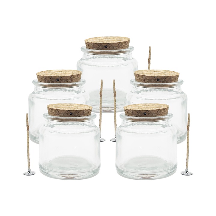 Set 5 bucati recipiente pentru lumanare din sticla transparenta 100 ml, fitil si capac pluta, Flory