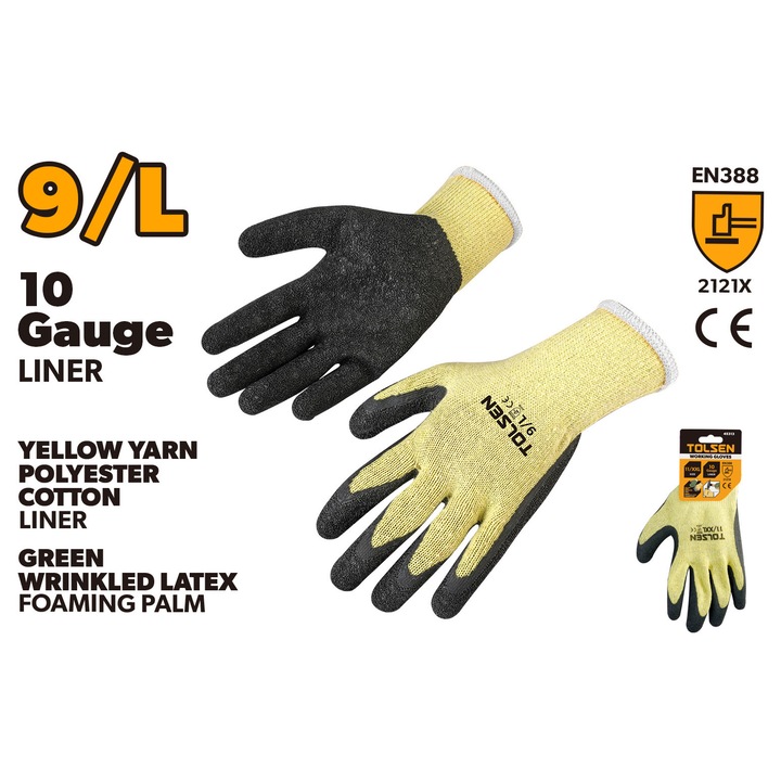Manusi de lucru TOLSEN marimea 9/L, poliester galben 10G, palma spumata latex verde cu textura ridata, aprobate CE, EN388 2131X, pentru constructii, instalatii si gradinarit