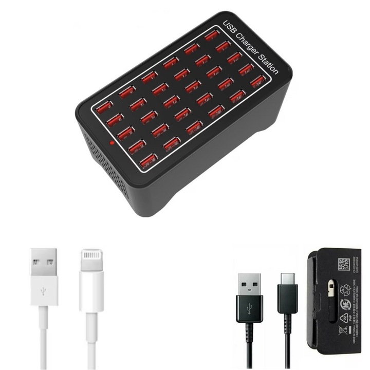 Kit 150W Smart töltőállomás 30 USB porttal, 5V 30A és ventilátorral, 1 db USB-C-A adatkábel, 1 db USB-C-Lightning adatkábel iPhone-hoz