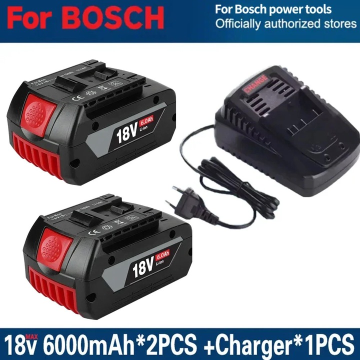 Set baterii 18V, acumulator Li-Ion cu incarcator, 2x 6, 0Ah 6000mAh, baterie de rezerva pentru scule electrice fara fir