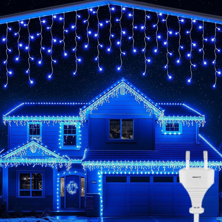 GREATON karácsonyi fényfüzér, jégcsap típusú, 25m, 640 LED, hullámzó rojtok, beltéri/kültéri, átlátszó kábel, 8 fényjáték, összekapcsolható, vízálló, kék