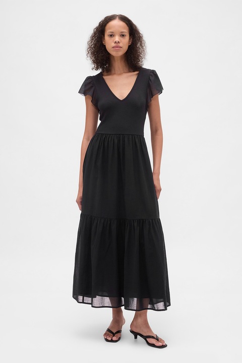 GAP, Rochie midi din amestec de modal cu decolteu in V, Negru