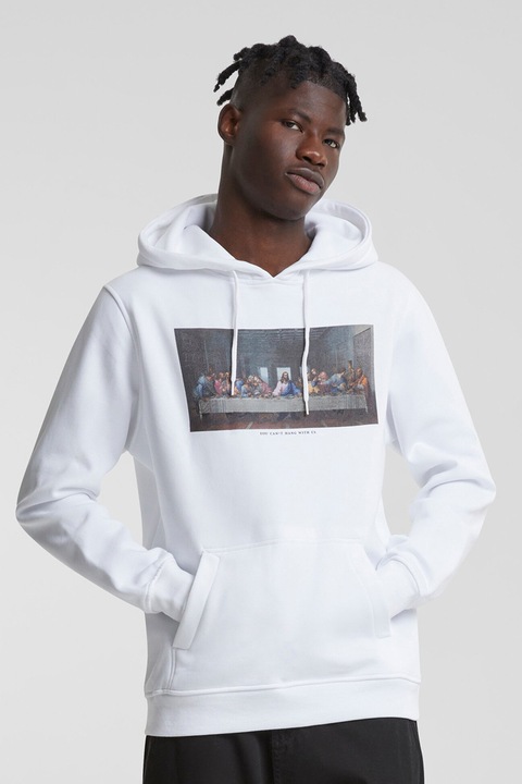 Mister tee, Hanorac cu imprimeu grafic si buzunar kangaroo, Alb