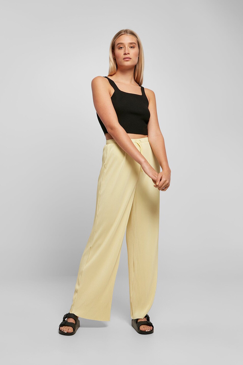 Urban Classics, Pantaloni striati cu croiala dreapta si snur de ajustare, Galben pal, XL
