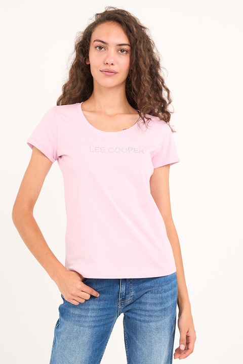 Lee Cooper, Tricou cu logo decorat cu strasuri si decolteu rotund, Roz pastel