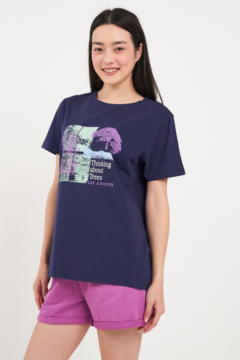 Lee Cooper, Tricou din bumbac cu imprimeu pe piept, Bleumarin