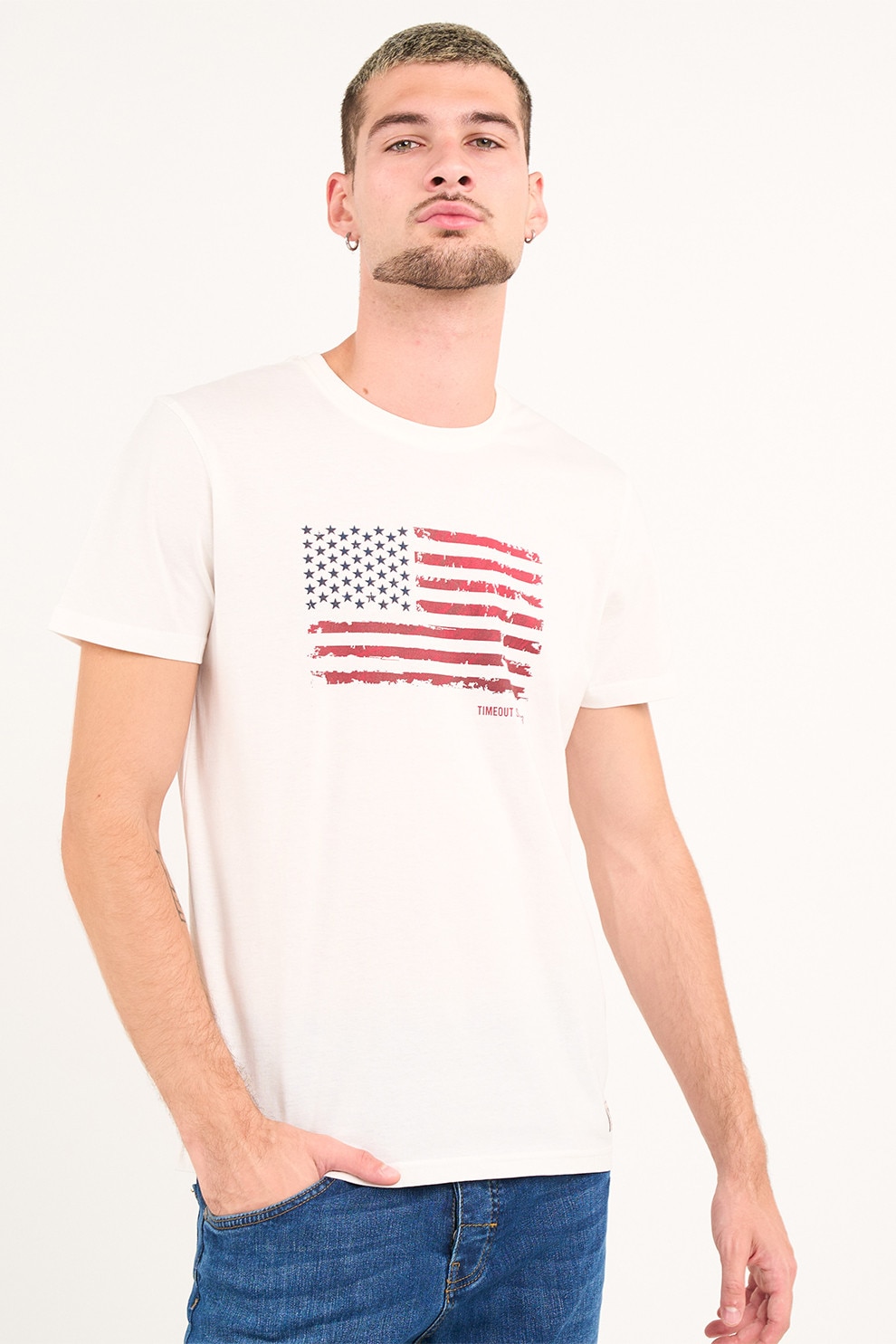 TIMEOUT, Tricou din bumbac cu logo, Rosu, Albastru inchis, Alb optic, XL
