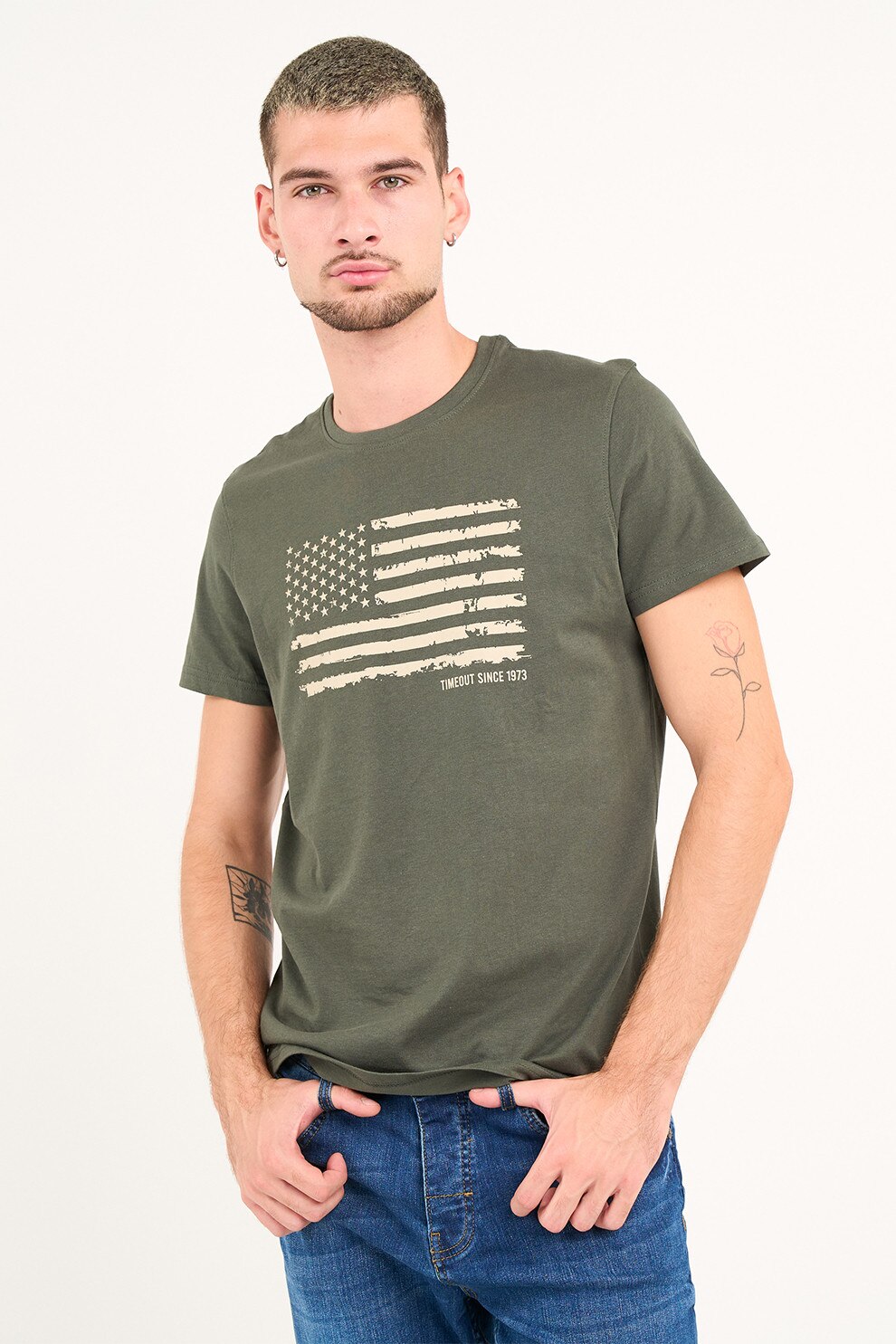 TIMEOUT, Tricou din bumbac cu logo, verde militar prafuit, XL