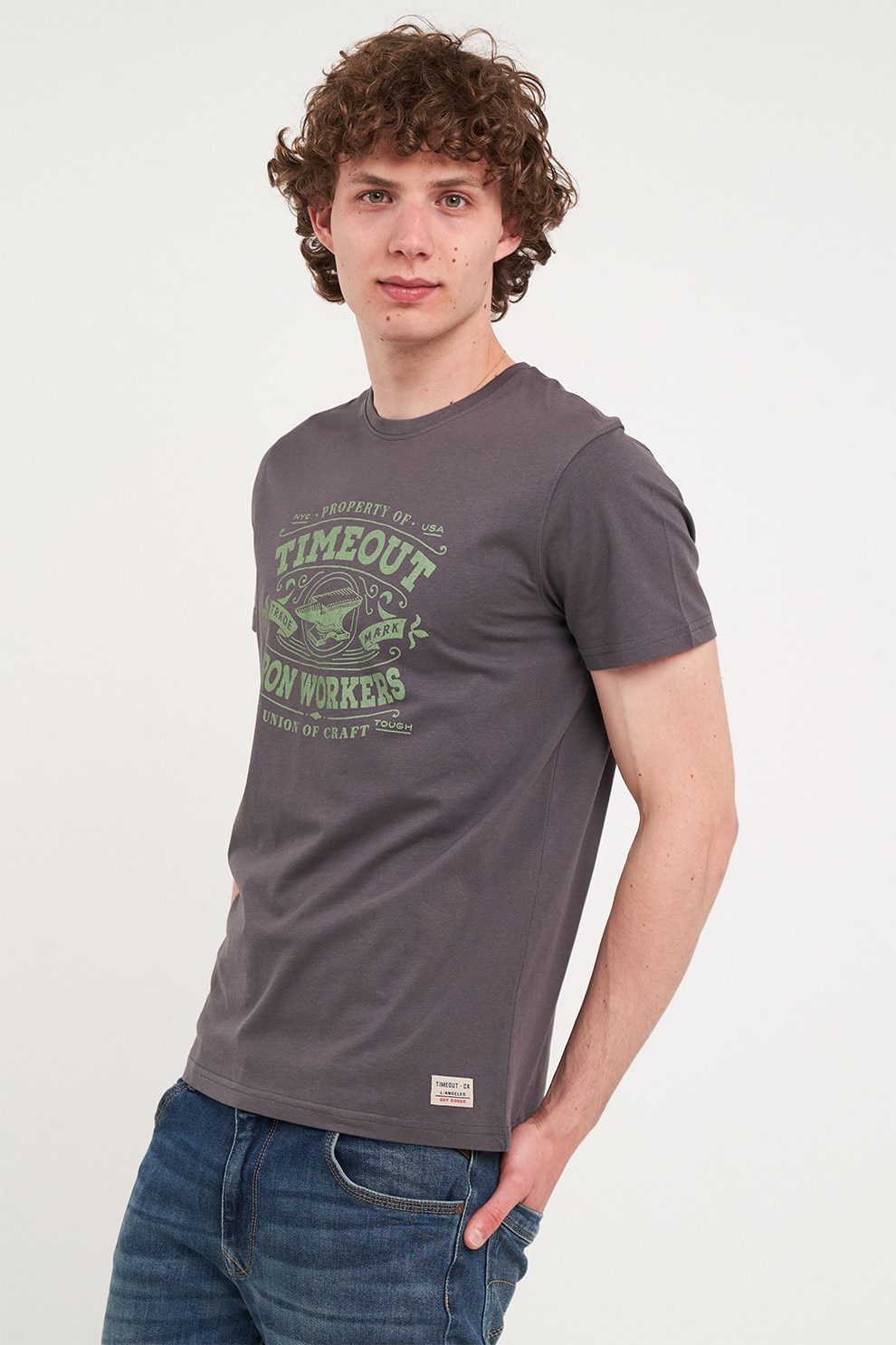 TIMEOUT, Tricou cu design grafic si decolteu la baza gatului, Verde stins, Liliac prafuit, L