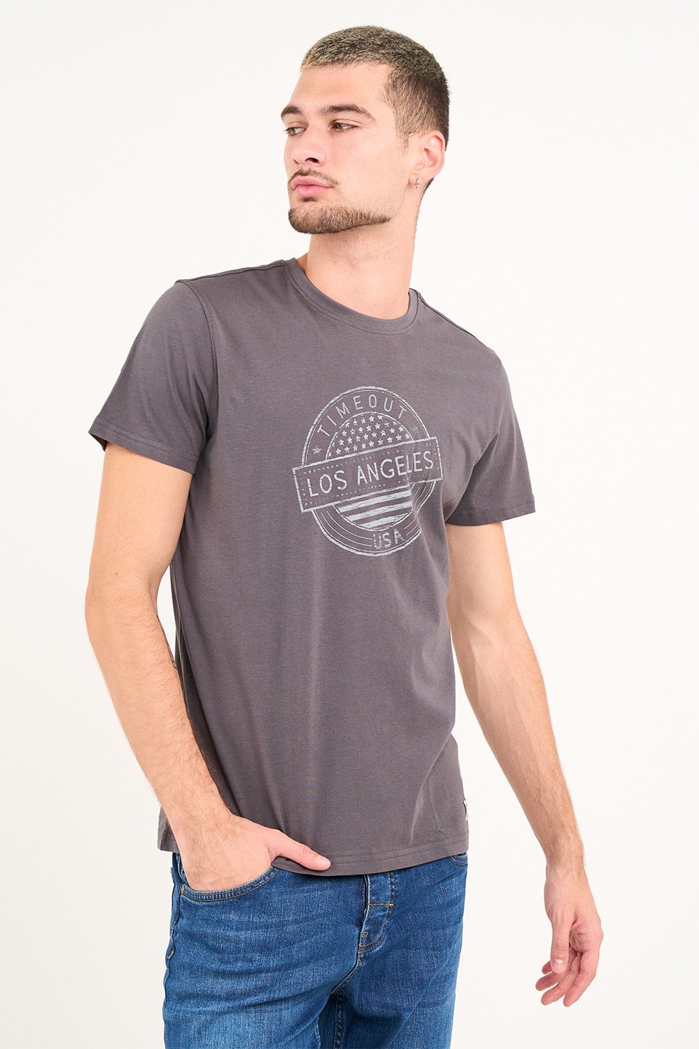 TIMEOUT, Tricou cu design grafic si decolteu la baza gatului, Liliac prafuit, 2XL