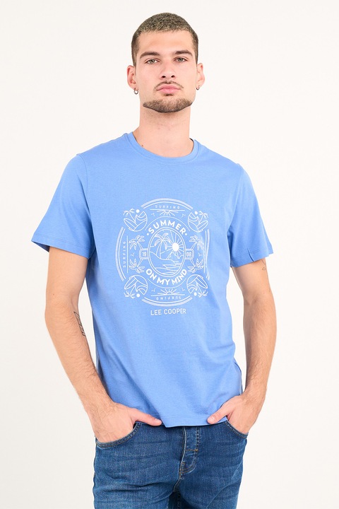 Lee Cooper, Tricou din bumbac cu decolteu la baza gatului, Albastru pastel/Alb optic, M