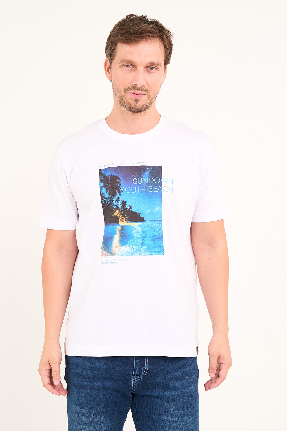 KVL by KENVELO, Tricou cu decolteu la baza gatului si imprimeu, Albastru inchis, Albastru royal, Alb optic, XL