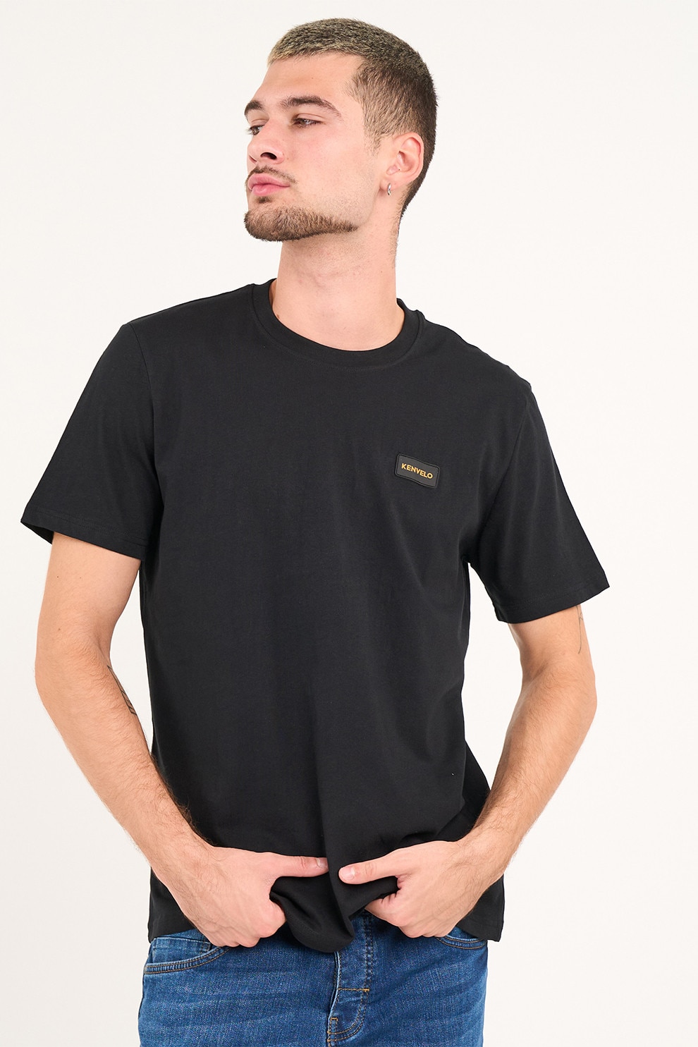 KVL by KENVELO, Tricou din bumbac cu decolteu la baza gatului, Negru stins, M