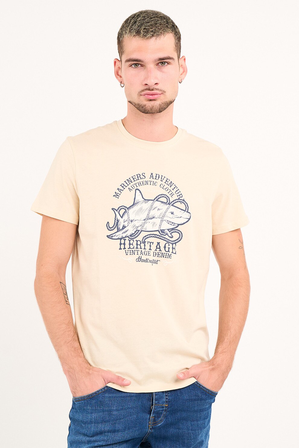 TIMEOUT, Tricou din bumbac cu design grafic si decolteu la baza gatului, Negru stins, Bej deschis, L