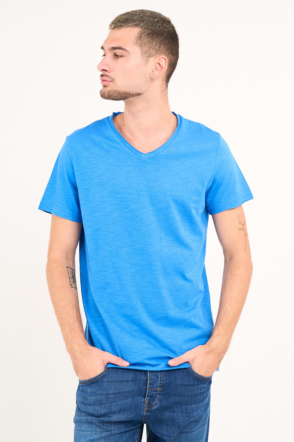 Lee Cooper, Tricou uni cu decolteu in V, Albastru pastel, 2XL